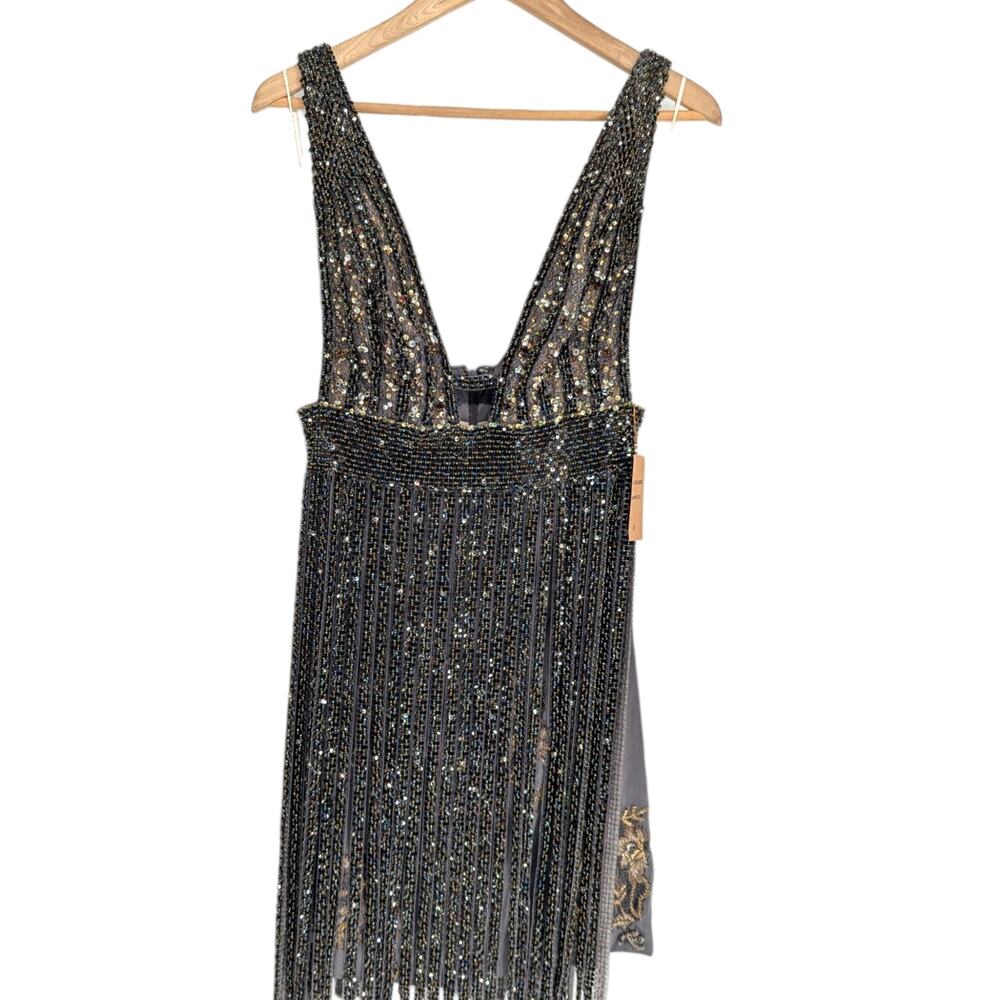 Mandalay Gunmetal Beaded Fringe Cocktail Dress Size 8